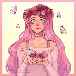 Size: 2048x2048 | Tagged: safe, artist:rubimlp6, fluttershy, butterfly, human, g4, alternate hairstyle, bra, bra strap, choker, clothes, cute, female, floral head wreath, flower, high res, humanized, nail polish, rose, shyabetes, solo, sweater, sweatershy, underwear