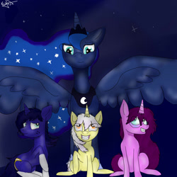 Size: 956x956 | Tagged: safe, artist:beyond_inside, princess luna, oc, oc:snow t. chaos, alicorn, pony, g4, ethereal mane, grin, jewelry, peytral, signature, smiling, spread wings, starry mane, tiara, wings