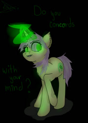 Size: 615x857 | Tagged: safe, artist:beyond_inside, oc, oc only, oc:snow t. chaos, pony, unicorn, black background, glowing eyes, glowing horn, horn, simple background, solo, talking, unicorn oc