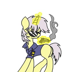 Size: 716x715 | Tagged: safe, artist:beyond_inside, oc, oc only, oc:snow t. chaos, pony, unicorn, female, glowing horn, gun, horn, magic, mare, police officer, simple background, solo, sunglasses, telekinesis, unicorn oc, weapon, white background