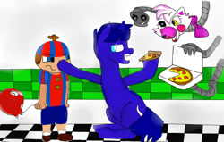 Size: 820x520 | Tagged: safe, artist:beyond_inside, oc, pony, unicorn, animatronic, balloon boy, checkered floor, five nights at freddy's, food, hat, hoof hold, horn, indoors, mangle, pizza, propeller hat, unicorn oc