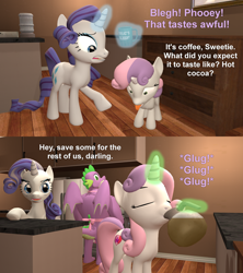 Size: 1920x2160 | Tagged: safe, artist:red4567, rarity, spike, sweetie belle, dragon, pony, unicorn, g4, 3d, apron, clothes, coffee, comic, cutie mark, dialogue, drinking, eyes closed, female, filly, gigachad spike, looking back, looking down, looking over shoulder, magic, magic aura, male, mare, older, older rarity, older spike, older sweetie belle, ship:sparity, shipping, skunk stripe, source filmmaker, straight, time skip, unicorn magic