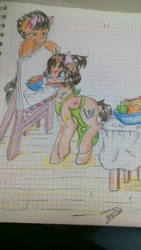 Size: 920x1632 | Tagged: safe, artist:beyond_inside, oc, oc only, earth pony, pony, unicorn, apron, clothes, duo, earth pony oc, glasses, graph paper, horn, mouth hold, naked apron, painting, signature, smiling, traditional art, unicorn oc
