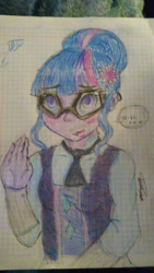 Size: 920x1632 | Tagged: safe, artist:beyond_inside, sci-twi, twilight sparkle, equestria girls, g4, blushing, clothes, female, glasses, graph paper, hair bun, open mouth, signature, solo, traditional art, waving