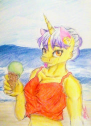 Size: 825x1142 | Tagged: safe, artist:beyond_inside, oc, oc only, oc:snow t. chaos, unicorn, anthro, :p, beach, bust, female, food, horn, ice cream, ice cream cone, outdoors, signature, solo, tongue out, traditional art, unicorn oc
