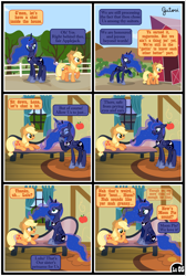 Size: 3255x4838 | Tagged: safe, artist:gutovi, applejack, princess luna, alicorn, earth pony, pony, comic:why me!?, g4, alternate ending, comic, female, floppy ears, glowing, glowing horn, hat, horn, lesbian, ship:lunajack, shipping, show accurate, sweet apple acres, tree