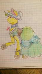 Size: 920x1632 | Tagged: safe, artist:beyond_inside, oc, oc only, oc:snow t. chaos, pony, unicorn, choker, clothes, dress, graph paper, horn, raised hoof, signature, solo, traditional art, unicorn oc