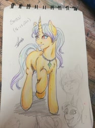 Size: 1511x2015 | Tagged: safe, artist:beyond_inside, oc, oc only, oc:snow t. chaos, pony, unicorn, bust, female, horn, jewelry, mare, necklace, raised hoof, signature, smiling, traditional art, unicorn oc