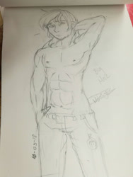 Size: 1488x1984 | Tagged: safe, artist:beyond_inside, big macintosh, human, g4, abs, arm behind head, armpits, clothes, humanized, male, pants, partial nudity, signature, solo, topless, traditional art
