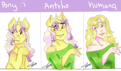 Size: 1417x827 | Tagged: safe, artist:beyond_inside, oc, oc only, oc:snow t. chaos, human, pony, unicorn, anthro, anthro with ponies, bust, clothes, female, horn, humanized, mare, signature, smiling, unicorn oc