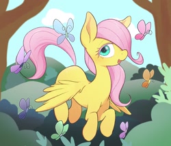 Size: 2048x1750 | Tagged: safe, artist:noupu, fluttershy, butterfly, pegasus, pony, g4, the cutie mark chronicles, blank flank, blushing, cute, female, filly, filly fluttershy, hair over one eye, looking at you, open mouth, outdoors, scene interpretation, shyabetes, smiling, so many wonders, solo, spread wings, three quarter view, tree, wings, younger