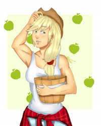 Size: 1639x2048 | Tagged: safe, artist:beyond_inside, applejack, human, g4, bucket, clothes, female, hat, humanized, signature, solo