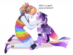 Size: 2414x1826 | Tagged: safe, artist:aaa-its-spook, rainbow dash, twilight sparkle, alicorn, equestria girls, g4, anklet, blushing, bracelet, braid, cheek fluff, cheek rub, chest fluff, clothes, colored wings, dialogue, dress, duo, ear fluff, ethereal mane, female, flats, hoof fluff, jewelry, lesbian, multicolored wings, necklace, ship:twidash, shipping, shoes, starry mane, who's a good pony, wings