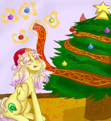 Size: 2345x2558 | Tagged: safe, artist:beyond_inside, oc, oc only, oc:snow t. chaos, pony, unicorn, bauble, christmas, christmas tree, female, glowing horn, hat, high res, holiday, horn, licking, licking lips, looking up, magic, mare, raised hoof, santa hat, signature, sitting, solo, telekinesis, tongue out, tree, unicorn oc