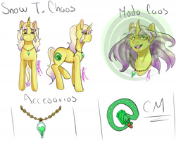 Size: 2007x1653 | Tagged: safe, artist:beyond_inside, oc, oc only, oc:snow t. chaos, pony, unicorn, bust, female, horn, jewelry, mare, necklace, open mouth, reference sheet, signature, simple background, smiling, unicorn oc, white background