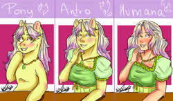 Size: 2834x1653 | Tagged: safe, artist:beyond_inside, oc, oc only, oc:snow t. chaos, human, pony, unicorn, anthro, anthro with ponies, breasts, bust, clothes, female, horn, humanized, mare, signature, smiling, unicorn oc