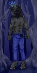 Size: 494x960 | Tagged: safe, artist:beyond_inside, oc, oc only, unicorn, anthro, unguligrade anthro, clothes, forest, glowing horn, horn, pants, partial nudity, signature, solo, topless, tree, unicorn oc, unshorn fetlocks