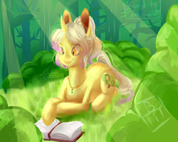 Size: 1475x1181 | Tagged: safe, artist:beyond_inside, oc, oc only, oc:snow t. chaos, pony, unicorn, book, crepuscular rays, female, forest, horn, jewelry, lying down, mare, necklace, outdoors, prone, reading, signature, smiling, solo, tree, unicorn oc