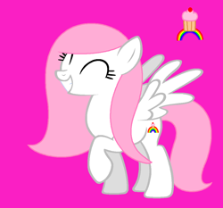 Size: 1054x981 | Tagged: safe, artist:diamondbellefan25, oc, oc:cupcake rainbow, pegasus, pony, cupcake, eyes closed, female, food, grin, mare, pegasus oc, pink background, rainbow, raised hoof, raised leg, simple background, smiling, solo