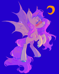 Size: 1166x1477 | Tagged: safe, artist:onionpwder, fluttershy, bat pony, pony, g4, bat ponified, bat wings, blue background, blushing, chest fluff, cloven hooves, colored hooves, crescent moon, eyes closed, fangs, female, flutterbat, mare, missing cutie mark, moon, profile, race swap, simple background, smiling, solo, spread wings, unshorn fetlocks, wing hooks, wings