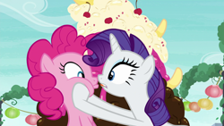Size: 1920x1080 | Tagged: safe, screencap, pinkie pie, rarity, earth pony, pony, unicorn, g4, the gift of the maud pie, biting, duo, duo female, female, food, mare, sundae, tongue bite