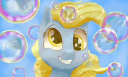 Size: 1280x768 | Tagged: safe, artist:shaslan, derpy hooves, pegasus, pony, g4, bubble, smiling, solo