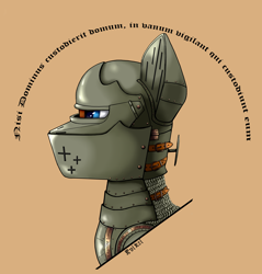 Size: 3232x3376 | Tagged: safe, artist:kviksi, oc, oc only, earth pony, pony, armor, blue eyes, bust, high res, knight, latin, military, military pony, portrait, simple background, solo, translation request
