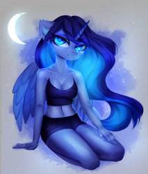 Size: 1640x1924 | Tagged: safe, artist:shavurrr, princess luna, alicorn, anthro, g4, beautisexy, belly button, bra, breasts, cleavage, clothes, crescent moon, crop top bra, digital art, female, lidded eyes, long hair, looking at you, mare, moon, shorts, smiling, solo, spread wings, tank top, underwear, wings