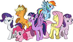 Size: 6228x3590 | Tagged: safe, artist:alexdti, applejack, fluttershy, pinkie pie, rainbow dash, rarity, starlight glimmer, twilight sparkle, alicorn, earth pony, pegasus, pony, unicorn, g4, abstract background, applejack's hat, cowboy hat, eyes closed, female, freckles, hat, mane six, mare, open mouth, raised hoof, simple background, smiling, transparent background, twilight sparkle (alicorn), wings