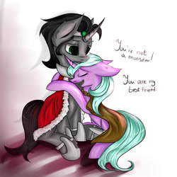 Size: 2000x2000 | Tagged: safe, artist:magicbalance, idw, king sombra, radiant hope, pony, unicorn, g4, cape, clothes, crown, crying, female, high res, hug, jewelry, male, mare, reformed sombra, regalia, ship:hopebra, shipping, stallion, straight