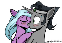 Size: 1024x724 | Tagged: safe, idw, king sombra, radiant hope, pony, unicorn, g4, crown, female, jewelry, kissing, male, mare, reformed sombra, regalia, ship:hopebra, shipping, simple background, stallion, straight, white background
