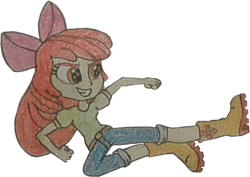 Size: 1600x1134 | Tagged: safe, artist:jebens1, artist:therandomone95, apple bloom, equestria girls, g4, apple bloom's bow, boots, bow, clothes, cropped, hair bow, jeans, martial arts, pants, shoes, smiling, solo, traditional art