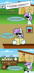 Size: 1280x2680 | Tagged: safe, artist:ladyanidraws, oc, oc:sunshine morning, earth pony, pony, ask pun, ask, cart, sunglasses