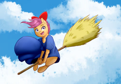 Size: 1280x887 | Tagged: safe, artist:gloomydinosaur, scootaloo, pegasus, pony, g4, anime, anime style, broom, clothes, cloud, cosplay, costume, cute, female, kiki's delivery service, open mouth, ribbon, sky, solo, studio ghibli, weapons-grade cute