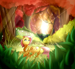 Size: 1280x1184 | Tagged: safe, artist:gloomydinosaur, fluttershy, pegasus, pony, g4, butt, cute, flutterbutt, forest, lens flare, plot, shyabetes, solo, sunlight, sunset, tree