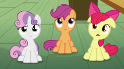 Size: 1920x1080 | Tagged: safe, screencap, apple bloom, scootaloo, sweetie belle, earth pony, pegasus, pony, unicorn, g4, on your marks, clubhouse, confused, crusaders clubhouse, cutie mark crusaders, female, filly, floppy ears, trio