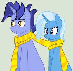 Size: 794x765 | Tagged: safe, artist:jadeharmony, hoo'far, trixie, g4, blushing, clothes, duo, duo male and female, female, male, scarf, shared clothing, shared scarf, shipping, simple background, straight, trixfar