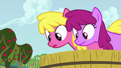 Size: 1920x1080 | Tagged: safe, screencap, berry punch, berryshine, cherry berry, earth pony, pony, g4, on your marks, season 6, apple, apple tree, background pony, duo, female, looking down, mare, tree, tub