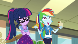 Size: 1280x720 | Tagged: safe, screencap, rainbow dash, sci-twi, twilight sparkle, equestria girls, g4, my little pony equestria girls: better together, overpowered (equestria girls), bowtie, clothes, crossed arms, cute, cutie mark, cutie mark on clothes, dashabetes, food, geode of super speed, geode of telekinesis, glasses, hoodie, magical geodes, mustard, open mouth, ponytail, sandwich, sauce