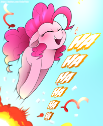Size: 4500x5500 | Tagged: safe, artist:felixf, pinkie pie, earth pony, pony, g4, explosion, eyes closed, female, jumping, laughing, mare, pinkie being pinkie, pronking, smiling, solo