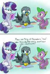 Size: 1280x1920 | Tagged: safe, artist:rocket-lawnchair, gabby, rarity, spike, dragon, griffon, pony, unicorn, dragon dropped, g4, 2 panel comic, and then there's rarity, comic, comic book, female, glowing horn, horn, magic, magic aura, male, open mouth, power ponies, rarity being rarity, sitting, teeth, trio, winged spike, wings