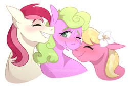 Size: 1280x858 | Tagged: safe, artist:primrosepaper, daisy, flower wishes, lily, lily valley, roseluck, earth pony, pony, g4, blushing, bust, female, flower trio, lesbian, mare, nuzzling, polyamory, polyflowers, shipping, simple background, trio, trio female, white background