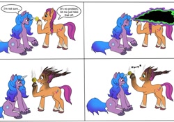 Size: 1066x749 | Tagged: safe, artist:termyotterdraws, izzy moonbow, sunny starscout, earth pony, pony, unicorn, g5, ball, boop, bracelet, comic, dialogue, female, horn, horn impalement, hornball, izzy's tennis ball, jewelry, looking at each other, mare, open mouth, raised hoof, sitting, speech bubble, tennis ball, text, unshorn fetlocks