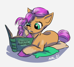 Size: 2528x2320 | Tagged: safe, artist:lytlethelemur, sunny starscout, earth pony, pony, fallout equestria, g5, book, braid, female, high res, mare, pillow, reading, signature, simple background, solo, teeth, unshorn fetlocks, white background, worried