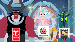 Size: 1442x808 | Tagged: safe, edit, edited screencap, screencap, cozy glow, lord tirek, queen chrysalis, alicorn, centaur, changeling, changeling queen, pony, g4, the ending of the end, alicornified, bell, cocomelon, cozycorn, female, filly, grogar's bell, legion of doom, male, race swap, set india, sony, t-series, ultimate chrysalis