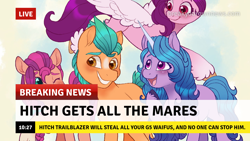 Size: 1280x720 | Tagged: safe, artist:guzzlord, edit, hitch trailblazer, izzy moonbow, pipp petals, sunny starscout, earth pony, pegasus, pony, unicorn, g5, be careful what you wish for, break your own news, female, harem, hitch trailblazer gets all the mares, lucky bastard, male, mare, meme, red eyes, red-eyed pipp, ship:moontrail, ship:pitch, ship:starblazer, shipping, stallion, straight, this will end in tears, waifu, waifu thief
