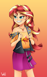 Size: 1543x2500 | Tagged: safe, artist:fadlihalimns, sunset shimmer, equestria girls, g4, clothes, cutie mark, cutie mark on clothes, female, geode of empathy, gradient background, hair, human coloration, leather, leather vest, magical geodes, off shoulder, shirt, skirt, smiling, smirk, smug, smugset shimmer, solo, teenager, teeth, undressing, vest