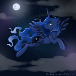 Size: 3543x3543 | Tagged: safe, artist:hikarinohibana, princess luna, alicorn, pony, g4, cloud, colored pupils, female, flying, high res, mare, moon, night, profile, sky, solo, spread wings, stars, wings