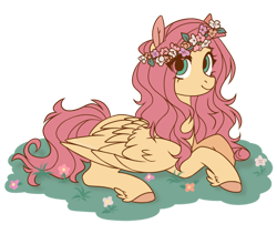 Size: 1024x863 | Tagged: safe, artist:lynesssan, fluttershy, pegasus, pony, g4, colored hooves, cute, daaaaaaaaaaaw, female, floral head wreath, flower, leg fluff, lying down, mare, no catchlights, prone, shyabetes, solo