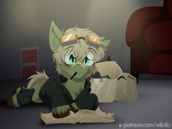 Size: 1600x1200 | Tagged: safe, artist:willoillo, oc, oc only, oc:murky, pegasus, pony, fallout equestria, fallout equestria: murky number seven, bag, bandaid, bandaid on nose, book, clothes, drawing, fanfic art, goggles, lying down, male, mouth hold, pegasus oc, pen, prone, saddle bag, stallion